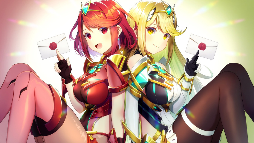 2girls bangs bare_shoulders black_gloves blonde_hair breasts chest_jewel dress earrings elbow_gloves fingerless_gloves gem gloves headpiece highres jewelry large_breasts long_hair looking_at_viewer minamo25 multiple_girls mythra_(massive_melee)_(xenoblade) mythra_(xenoblade) pantyhose pyra_(xenoblade) red_eyes red_legwear red_shorts redhead short_dress short_hair short_shorts shorts smash_invitation smile super_smash_bros. swept_bangs thigh-highs tiara very_long_hair white_dress white_gloves xenoblade_chronicles_(series) xenoblade_chronicles_2 yellow_eyes