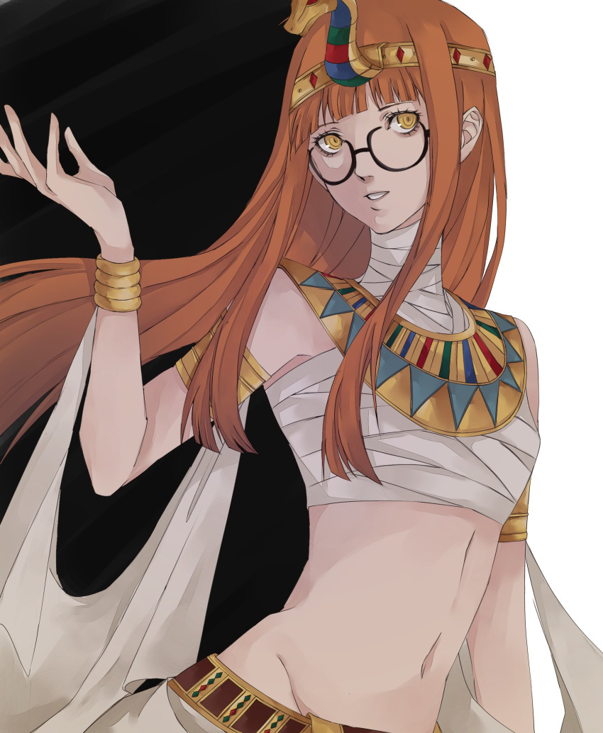 1girl arm_up armlet bangs bare_shoulders black-framed_eyewear breasts egyptian_clothes glasses headband highres jewelry lips long_hair medium_breasts midriff mummy navel orange_hair persona persona_5 pertex_777 sakura_futaba shadow_(persona) shadow_futaba simple_background solo stomach white_background yellow_eyes