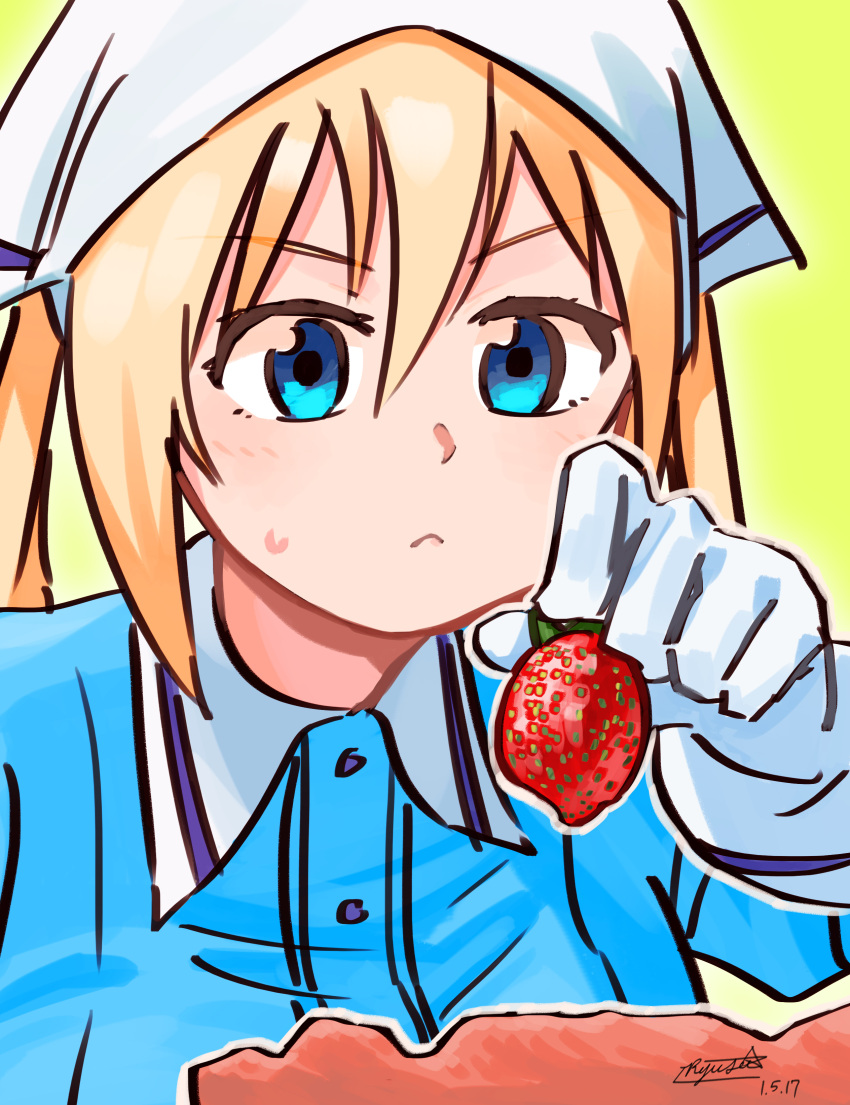 1girl :&lt; a-1_pictures absurdres blend_s blonde_hair blue_shirt closed_mouth dated food fruit gloves green_background head_scarf highres hinata_kaho hobunsha holding holding_food holding_fruit long_sleeves moe ryusei_hashida shirt signature solo stile_uniform strawberry sweat twintails upper_body white_gloves