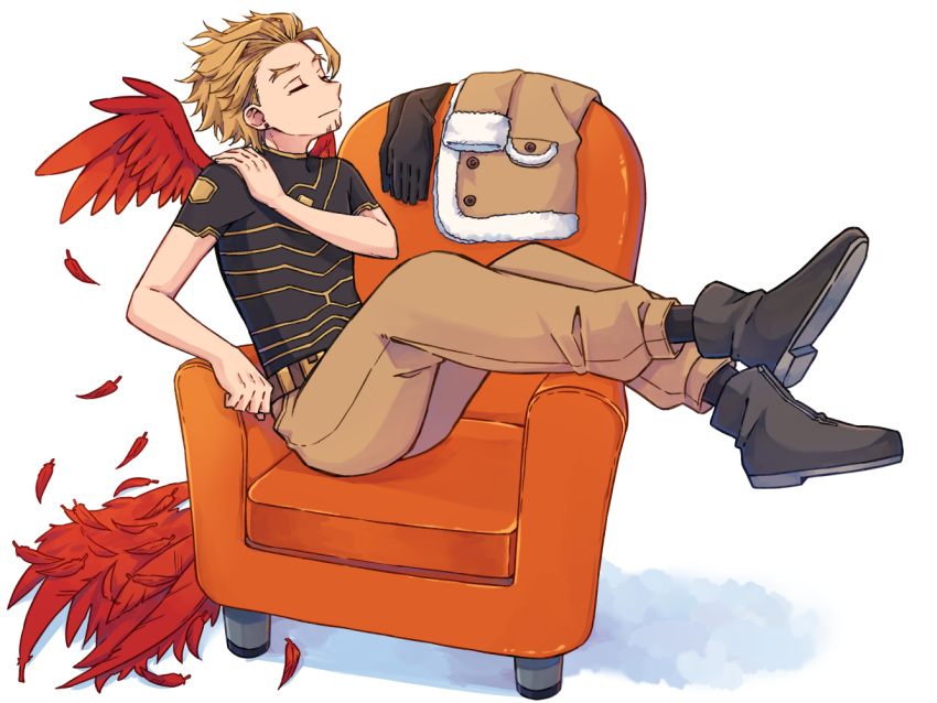 1boy armchair belt black_footwear black_gloves black_legwear black_shirt blonde_hair boku_no_hero_academia boots brown_jacket brown_pants buttons chair clenched_hand closed_eyes closed_mouth commentary_request crossed_ankles earrings facial_hair feathered_wings feathers full_body fur-trimmed_jacket fur_trim gloves gloves_removed hand_on_shoulder hawks_(boku_no_hero_academia) jacket jacket_removed jewelry male_focus miso_(mimimiso) pants pocket red_feathers red_wings shadow shedding shirt shoe_soles short_hair short_sleeves shoulder_massage sitting_sideways socks solo stubble too_many too_many_feathers wings