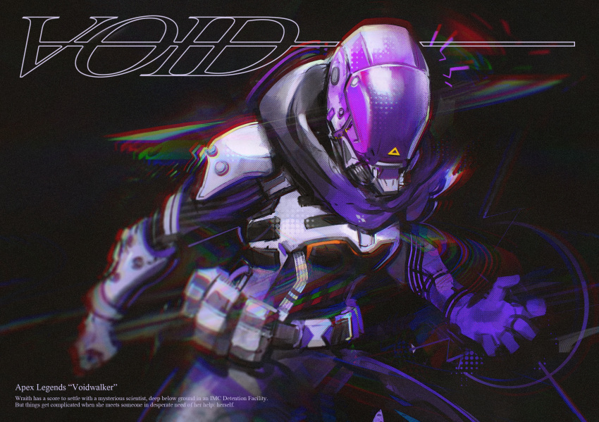 1girl apex_legends armor breasts chromatic_aberration clenched_hand copyright_name english_text helmet highres hironakata huge_filesize leaning_forward looking_ahead medium_breasts open_hand scarf science_fiction solo wraith_(apex_legends)