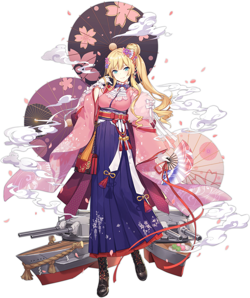 1girl alternate_hairstyle ascot azur_lane bag bangs black_footwear blonde_hair blue_eyes blue_skirt blush boots braid breasts cannon closed_mouth criin cross-laced_footwear dango eyebrows_visible_through_hair fan folding_fan food full_body gloves hakama_skirt handbag highres holding holding_fan japanese_clothes kimono knee_boots kongou_(azur_lane) kongou_(natural_beauty)_(azur_lane) large_breasts long_hair looking_at_viewer obi official_alternate_costume official_art oil-paper_umbrella pink_kimono rigging sash side_bun sidelocks skirt smile smoke_trail solo tassel transparent_background turret umbrella wagashi white_gloves wide_sleeves