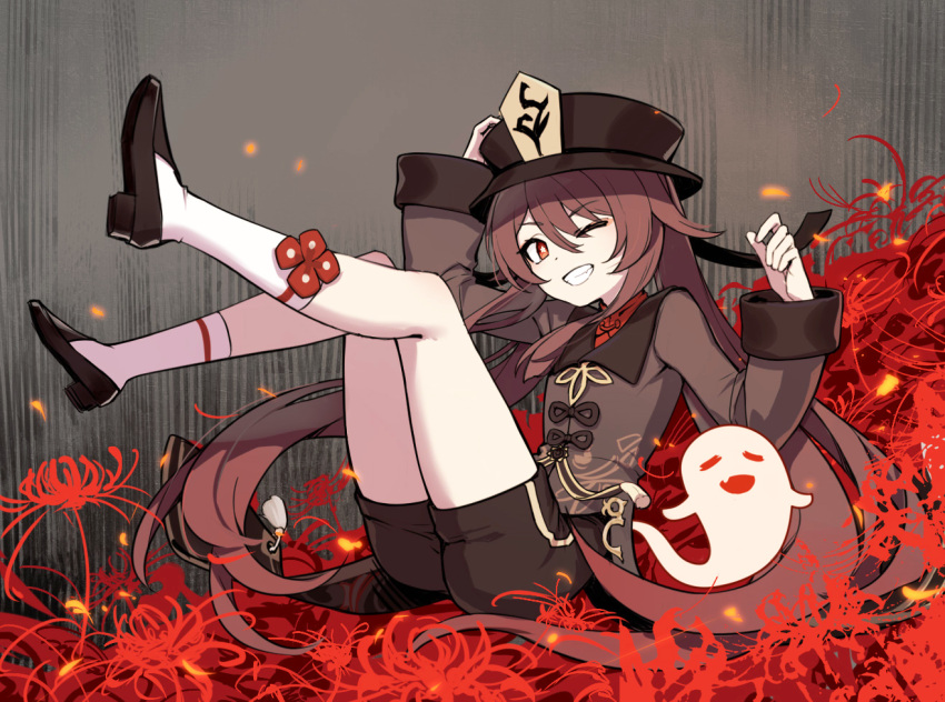 1girl ;d brown_hair flower full_body genshin_impact ghost hand_on_headwear hat hu_tao legs_up long_hair long_sleeves looking_at_viewer one_eye_closed open_mouth red_eyes red_flower shiliuyexiaohei shorts smile socks solo