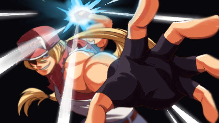 1boy baseball_cap blonde_hair blue_eyes denim fatal_fury fingerless_gloves gloves hat highres jacket jeans long_hair looking_at_viewer male_focus muscular pants ponytail smile solo super_smash_bros. terry_bogard the_king_of_fighters tina_fate vest