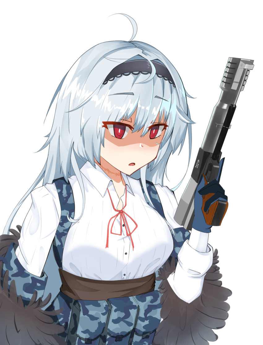 1girl blue_gloves blue_hair breasts commentary english_commentary english_text eyebrows_visible_through_hair firing fur_trim girls_frontline gloves gun hairband handgun highres holding holding_gun holding_weapon long_hair open_mouth pouch red_eyes silver_hair simple_background smoke snafu solo staring tactical_clothes thunder_(girls_frontline) triple_action_thunder vest_pouch weapon white_background yandere