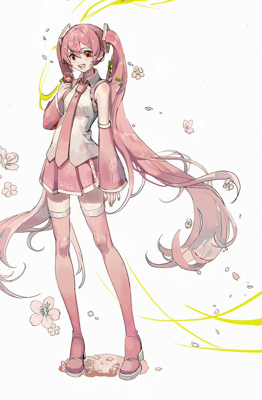 1girl bare_shoulders cherry_blossoms commentary detached_sleeves falling_petals flower full_body hair_ornament hand_up hatsune_miku high_heels highres holding holding_flower long_hair looking_at_object miniskirt nail_polish necktie neonneon321 open_mouth petals pink_eyes pink_flower pink_hair pink_legwear pink_nails pink_neckwear pink_skirt pink_sleeves pleated_skirt sakura_miku shirt skirt sleeveless sleeveless_shirt smile standing thigh-highs twintails very_long_hair vocaloid white_background white_shirt zettai_ryouiki