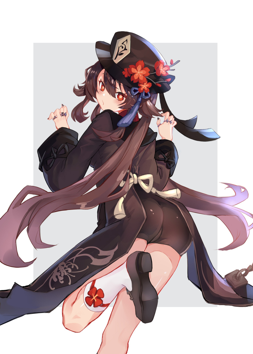 1girl absurdres ass back bangs black_coat black_footwear black_headwear black_shorts blush breasts brown_hair coat coattails flower genshin_impact hat hat_flower highres hu_tao jewelry kneehighs long_hair long_sleeves looking_at_viewer looking_back nanadesu7 open_mouth plum_blossoms red_eyes ring shorts small_breasts symbol-shaped_pupils thighs twintails very_long_hair white_legwear