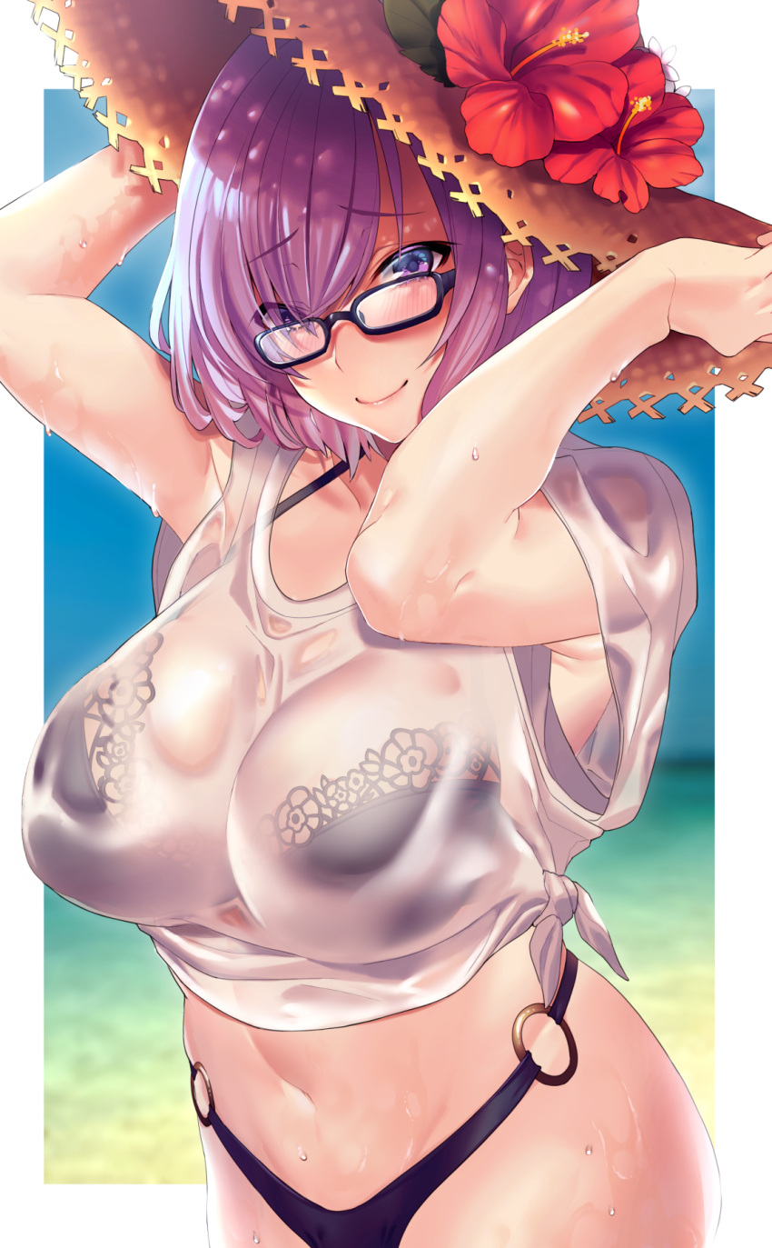 1girl arms_up bangs bikini black-framed_eyewear black_bikini blush breasts closed_mouth commentary_request eyebrows_visible_through_hair fate/grand_order fate_(series) flower glasses halter_top halterneck hands_on_headwear hat hat_flower highres large_breasts looking_at_viewer mash_kyrielight navel o-ring o-ring_bikini o-ring_bottom outside_border purple_hair raxxx25_3 see-through shirt short_sleeves smile solo standing straw_hat swimsuit violet_eyes wet wet_clothes wet_shirt white_shirt wide_sleeves