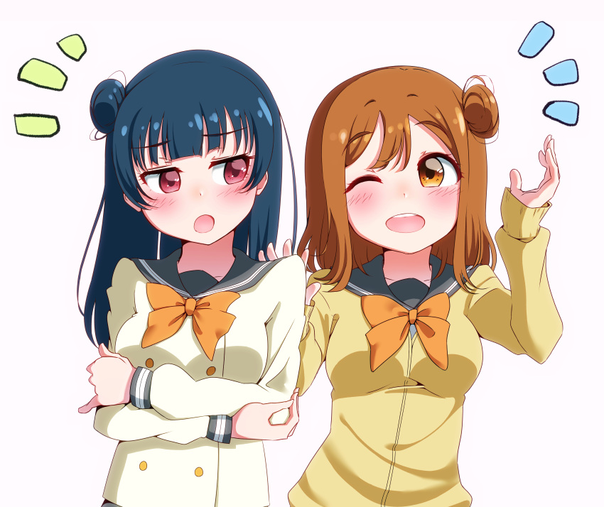 2girls :d absurdres black_sailor_collar blue_hair blush bow bowtie brown_eyes brown_hair buttons cardigan double-breasted hand_up highres igarashi_kyouhei kunikida_hanamaru long_sleeves love_live! love_live!_sunshine!! medium_hair multiple_girls notice_lines one_eye_closed open_mouth orange_bow orange_neckwear red_eyes round_teeth sailor_collar school_uniform shirt side_bun simple_background smile teeth tsushima_yoshiko upper_teeth uranohoshi_school_uniform white_background white_shirt yellow_cardigan