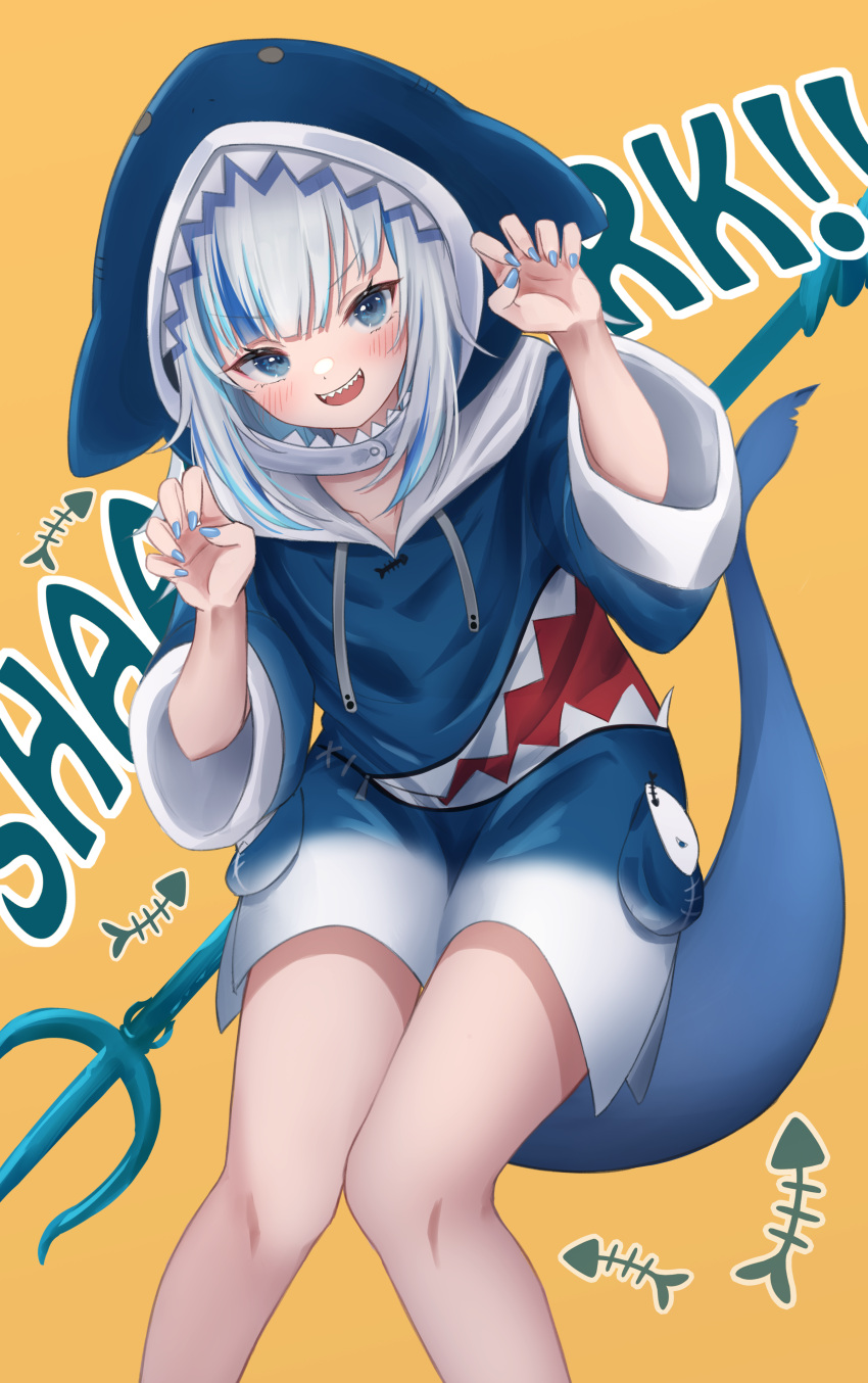 1girl :d absurdres animal_costume animal_hood bangs bare_legs black_neckwear blue_eyes blue_hair blue_hoodie blunt_bangs claw_pose cowboy_shot fish_tail gawr_gura hair_ornament higashigure highres hololive hololive_english hood hoodie long_sleeves looking_at_viewer multicolored_hair nail_polish open_mouth polearm shark_costume shark_girl shark_hair_ornament shark_hood shark_tail sharp_teeth silver_hair sleeves_rolled_up smile solo streaked_hair tail teeth trident upper_teeth virtual_youtuber weapon white_neckwear wide_sleeves