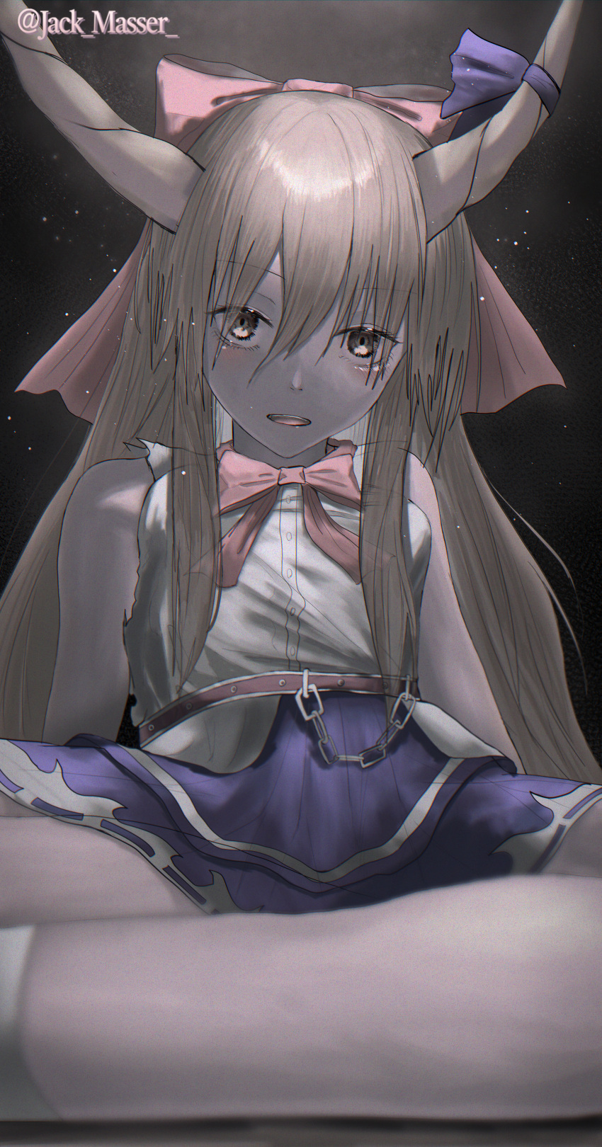 absurdres artist_name bangs bare_shoulders belt blurry blurry_foreground bow bowtie breasts brown_eyes brown_hair chain commentary_request dark_background depth_of_field expressionless eyebrows_visible_through_hair hair_between_eyes hair_bow highres horn_ornament horn_ribbon horns huge_filesize ibuki_suika jack_masser leaning_back light_blush long_hair looking_at_viewer oni_horns parted_lips perspective purple_skirt red_bow red_neckwear ribbon shirt sidelocks simple_background sitting skirt sleeveless sleeveless_shirt small_breasts torn_clothes touhou very_long_hair white_shirt
