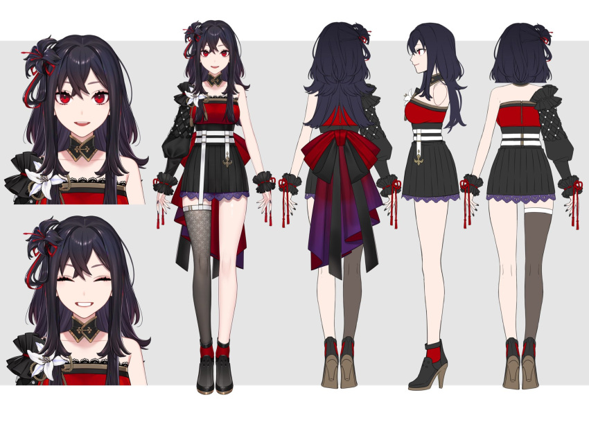 1girl ^_^ black_flower black_hair black_skirt breasts character_sheet closed_eyes collarbone detached_collar flower from_behind from_side full_body hair_flower hair_ornament highres indie_virtual_youtuber kurosaki_yuria loalo long_hair medium_breasts multiple_views official_art open_hands open_mouth red_eyes second-party_source single_sleeve single_thighhigh skirt standing thigh-highs virtual_youtuber white_background wrist_cuffs