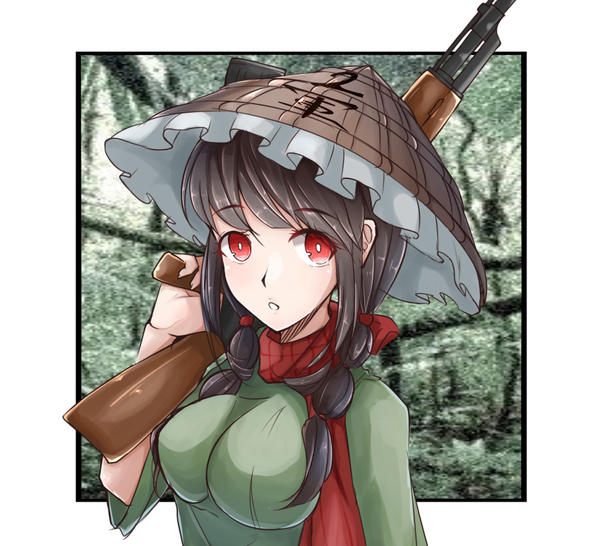 1girl ajirogasa ak-47 assault_rifle bangs bellta black_hair blunt_bangs border braid commentary_request cookie_(touhou) dress eyebrows_visible_through_hair green_dress green_tea_(cookie) gun hat highres holding holding_gun holding_weapon long_hair long_sleeves looking_at_viewer looking_to_the_side open_mouth outside_border photo_background red_eyes red_neckwear rifle shiny shiny_hair solo touhou twin_braids vietnam_war weapon white_border yatadera_narumi