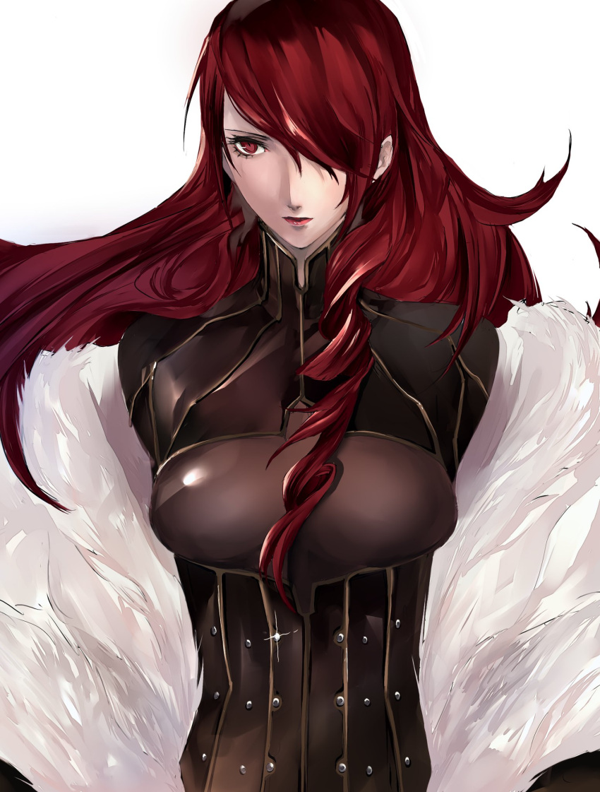 1girl bangs bodysuit breasts corset framed_breasts fur_coat hair_between_eyes hair_over_one_eye highres kirijou_mitsuru large_breasts lips long_hair persona persona_3 pertex_777 red_eyes redhead simple_background solo white_background