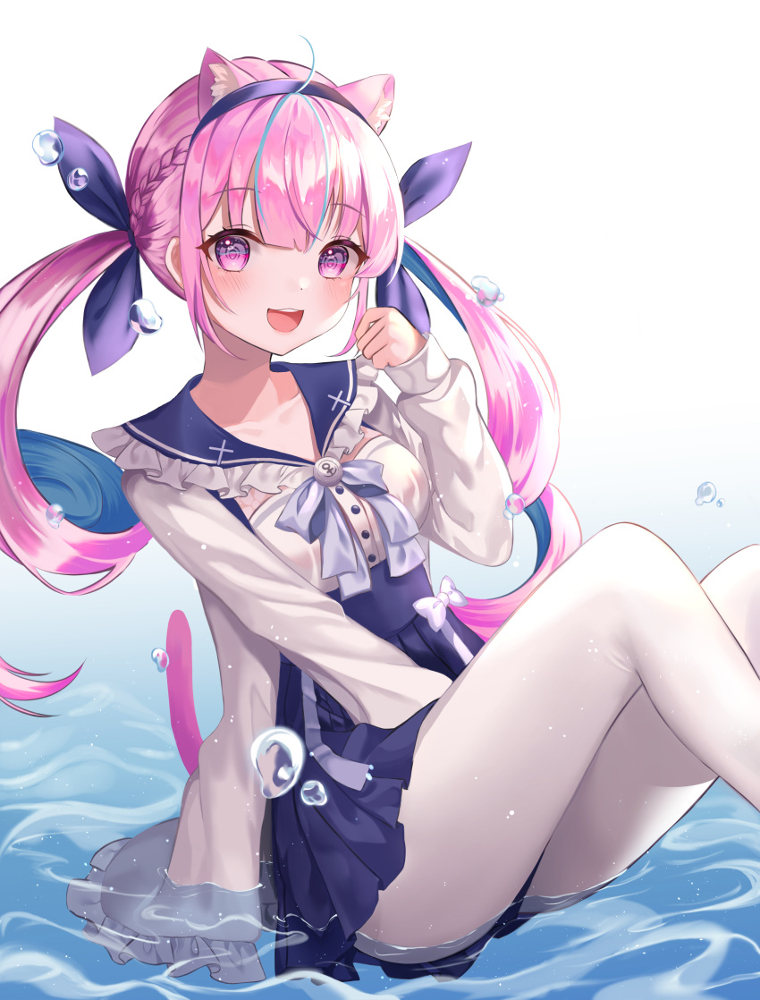 1girl :d absurdres anchor_symbol animal_ear_fluff animal_ears bangs blue_background blue_bow blue_dress blue_hair blue_hairband blue_ribbon blunt_bangs blush bow bowtie braid breasts brooch cat_ears cat_tail caustics collarbone dress drill_hair droplets eyebrows_visible_through_hair feet_out_of_frame french_braid frilled_sailor_collar frills gradient gradient_background hair_ribbon hairband hand_up highres hololive jewelry kemonomimi_mode knees_up long_hair long_sleeves looking_at_viewer medium_breasts minato_aqua multicolored_hair open_mouth pantyhose partially_submerged pink_eyes pink_hair pleated_skirt puffy_sleeves ram_art12 ribbon sailor_collar sidelocks simple_background sitting skirt smile solo streaked_hair tail twin_drills twintails two-tone_hair very_long_hair virtual_youtuber water white_background white_bow white_legwear