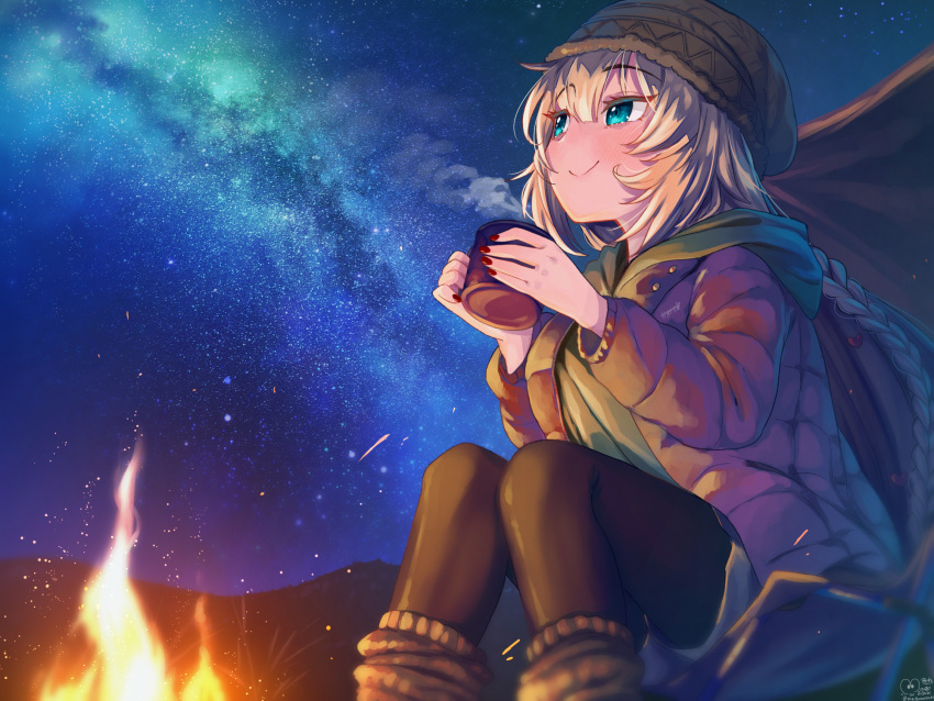 1girl akai_haato bangs beanie black_legwear blonde_hair blue_eyes blush braid brown_coat brown_headwear camping coat commentary_request cup eyebrows_visible_through_hair fingernails fire green_hoodie hair_ornament hat heart heart_hair_ornament highres holding holding_cup hololive hood hood_down hoodie long_sleeves looking_up magowasabi nail_polish night night_sky pantyhose red_nails sitting sky smile solo star_(sky) starry_sky tent virtual_youtuber