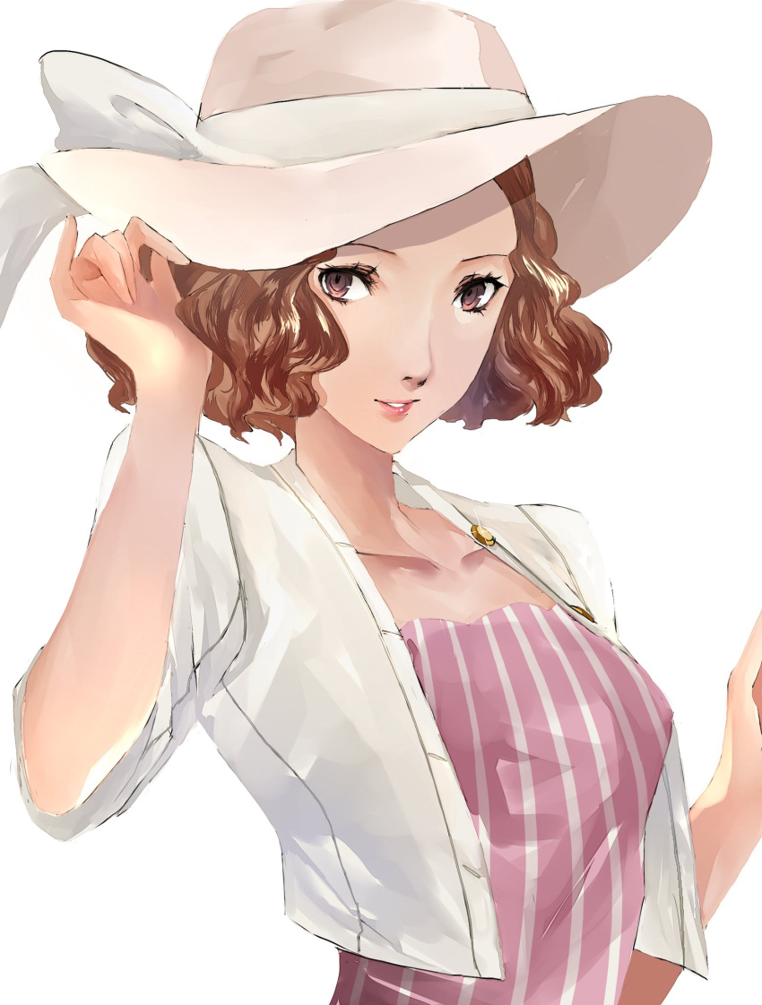 1girl arm_up belt bow breasts brown_eyes brown_hair collarbone curly_hair dress hat highres jacket lips looking_at_viewer medium_breasts medium_hair okumura_haru parted_lips persona persona_5 pertex_777 pink_dress shirt short_hair simple_background sky solo striped striped_dress sun_hat white_background white_bow white_headwear white_jacket