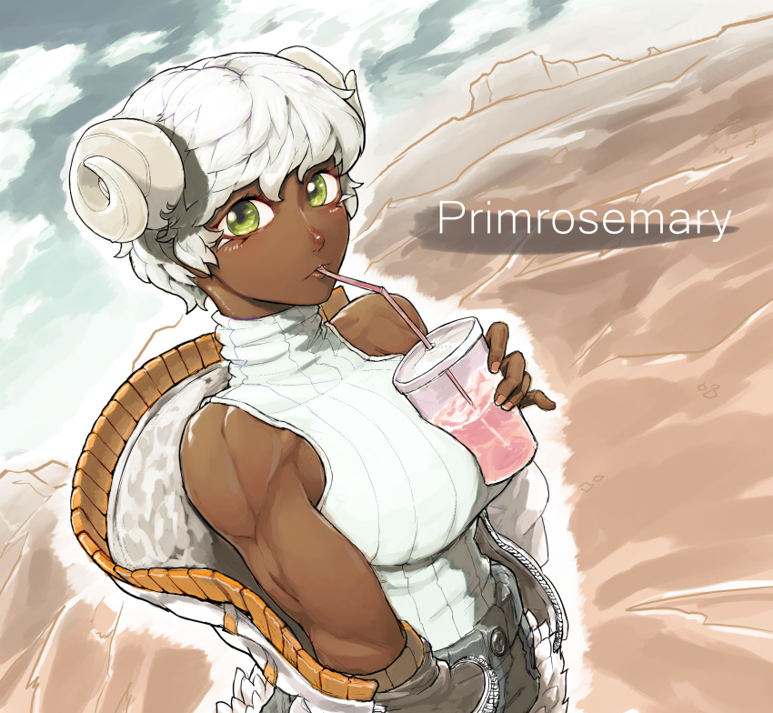 1girl biceps breasts character_name cup curled_horns dark_skin dark-skinned_female disposable_cup drinking drinking_straw fingernails goat_horns green_eyes highres horns jacket landscape looking_at_viewer medium_breasts muscular muscular_female off_shoulder original pinky_out primrose_mary ribbed_sweater short_hair skinnytorch sleeveless sleeveless_turtleneck solo sweater turtleneck turtleneck_sweater white_hair white_jacket white_sweater