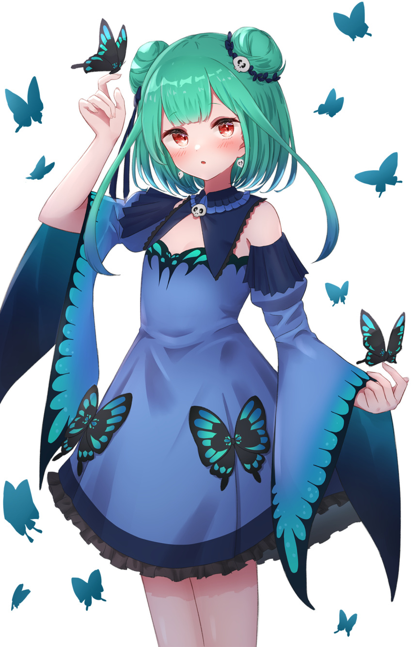 1girl animal_print arm_up bangs blue_dress blue_sleeves blush brooch butterfly_on_finger butterfly_print cowboy_shot detached_collar detached_sleeves double_bun dress earrings frilled_dress frills green_hair hair_ornament hair_ribbon higashigure highres hololive jewelry juliet_sleeves long_sleeves looking_at_viewer parted_lips puffy_sleeves red_eyes ribbon short_dress short_hair short_hair_with_long_locks sidelocks simple_background skull_earrings skull_hair_ornament solo strapless strapless_dress surprised uruha_rushia virtual_youtuber white_background wide_sleeves
