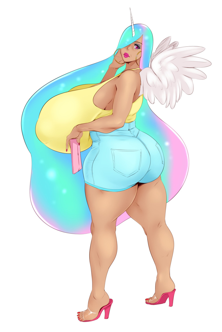 absurdres breasts celestia_(my_little_pony) denim denim_shorts high_heels highres huge_breasts ignotoz shorts thick_thighs thighs