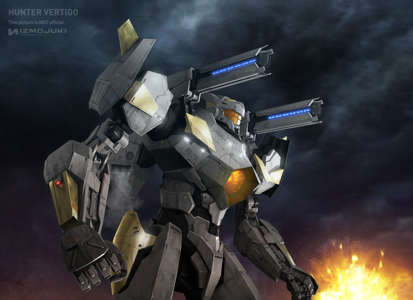 artist_name character_name clenched_hands english_commentary explosion glowing hunter_vertigo looking_ahead mecha mixed-language_commentary no_humans okubo_junji pacific_rim pacific_rim:_the_black shoulder_cannon visor watermark