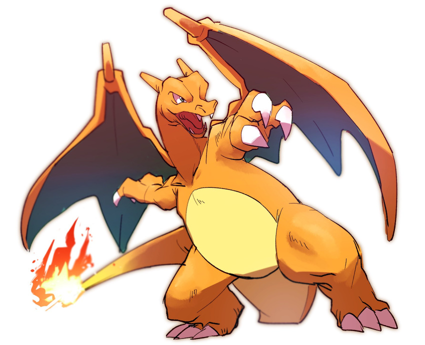 charizard claws commentary_request fangs fire full_body gen_1_pokemon highres legs_apart morio_(poke_orio) no_humans open_mouth pokemon pokemon_(creature) simple_background solo standing tongue white_background