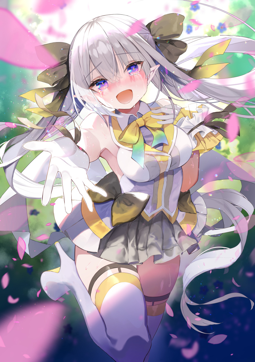:d absurdres armpits bare_shoulders blush boots bow bowtie breasts confetti cowboy_shot crying elf eyebrows_visible_through_hair eyelashes garters gloves grey_hair hair_bow hand_on_own_chest highres idol idol_clothes knee_up large_breasts leg_up long_hair miniskirt novel_illustration official_art open_mouth ore_no_produce_shita_elf_idol_ga_kawaisugite_isekai_sukuwareru_level petals pleated_skirt pointy_ears reaching_out shirt silver_hair skindentation skirt smile standing standing_on_one_leg tears thigh-highs thigh_boots twintails very_long_hair violet_eyes white_footwear white_gloves white_legwear white_shirt wing_collar wrist_cuffs yellow_neckwear