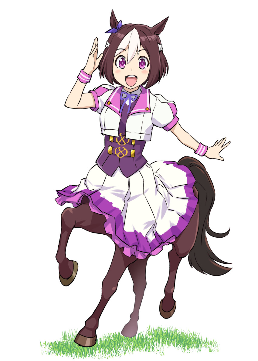 1girl :d animal_ears bangs blush blush_stickers bow breasts brown_hair centaur collared_shirt commentary_request ear_ribbon eyebrows_visible_through_hair full_body grass hair_between_eyes hand_up highres horse_ears horse_tail long_skirt looking_at_viewer monster_girl monsterification multicolored_hair neck_ribbon open_mouth pleated_skirt purple_bow purple_ribbon purple_vest ribbon running school_uniform shirt short_hair short_sleeves sidelocks simple_background skirt small_breasts smile solo special_week tail tracen_school_uniform two-tone_hair ueyama_michirou umamusume upper_teeth vest violet_eyes white_background white_hair white_shirt white_skirt white_vest wristband