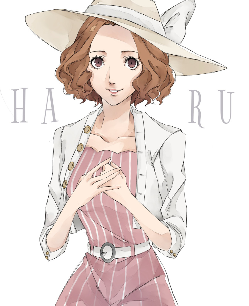 1girl belt bow breasts brown_eyes brown_hair character_name collarbone curly_hair dress hands_together hat highres jacket looking_at_viewer medium_breasts medium_hair okumura_haru persona persona_5 pertex_777 pink_dress shirt short_hair simple_background solo striped striped_dress sun_hat white_background white_bow white_headwear white_jacket