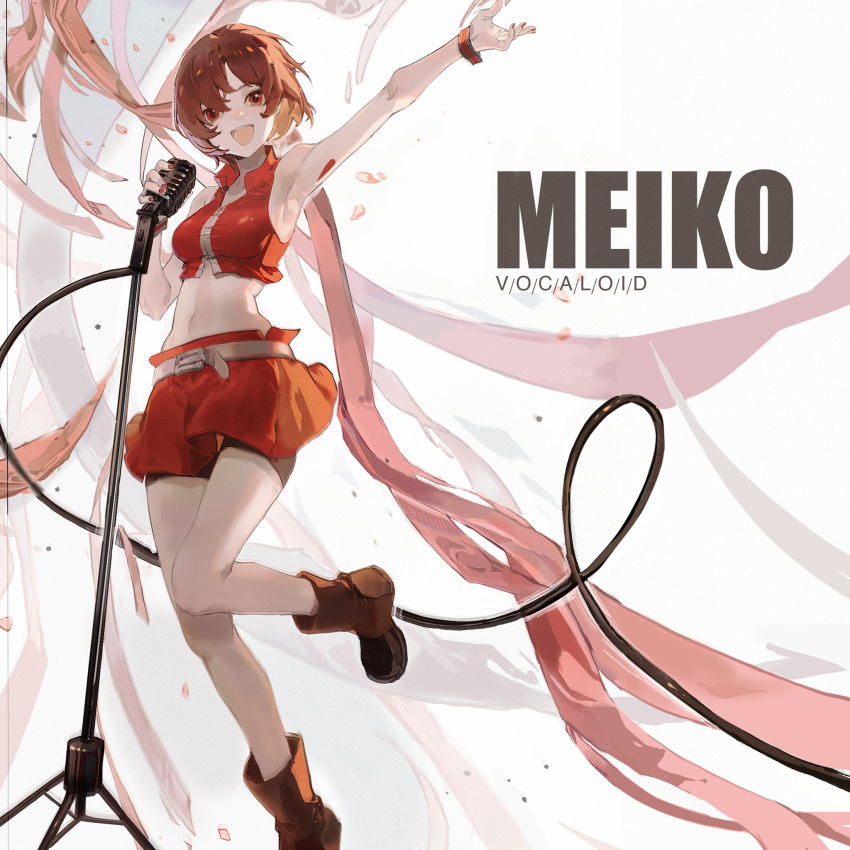 1girl arm_up armpits boots brown_eyes brown_footwear brown_hair cable character_name commentary copyright_name crop_top falling_petals highres holding holding_microphone leg_up looking_at_viewer meiko microphone microphone_stand midriff miniskirt navel neonneon321 open_mouth outstretched_arm petals red_skirt red_vest skirt smile solo standing standing_on_one_leg stomach streamers vest vocaloid wrist_straps