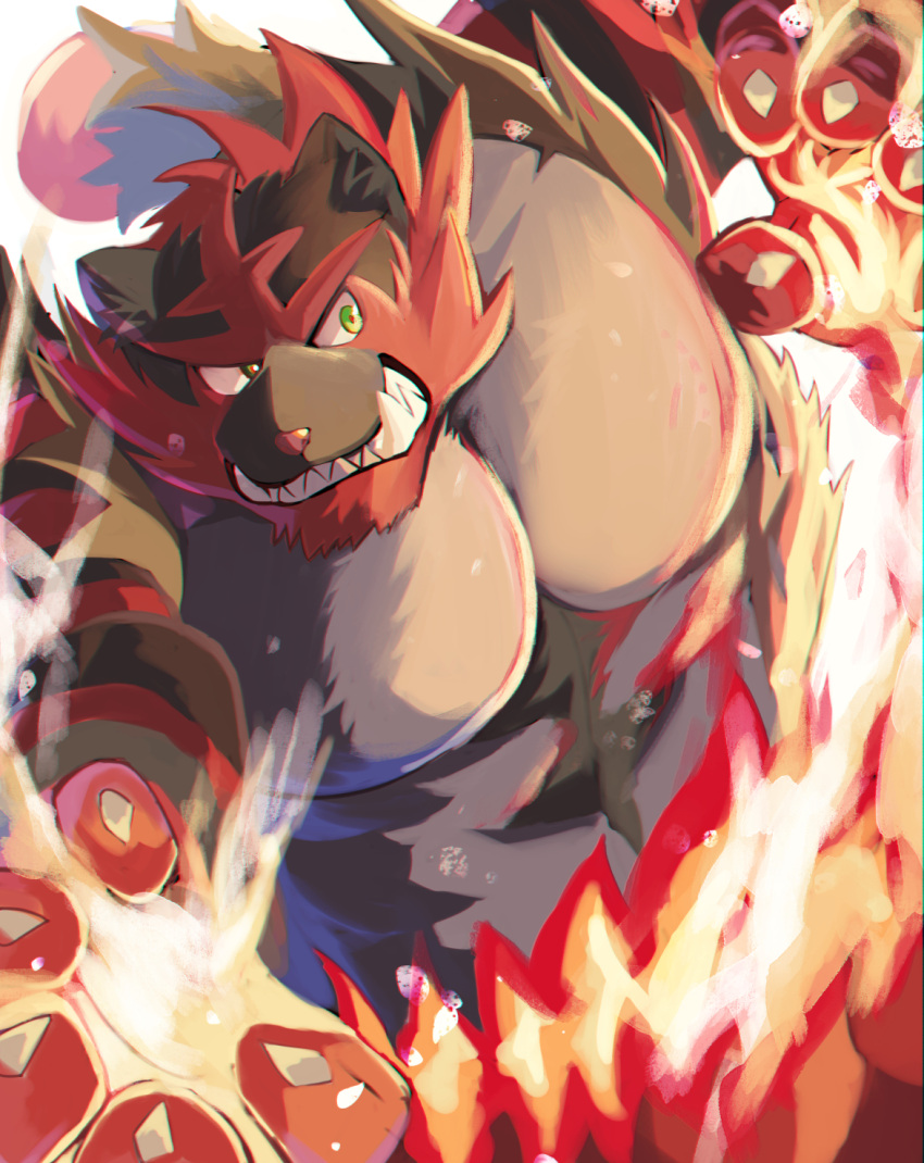 abasirisippo claws commentary_request fire furry gen_7_pokemon green_eyes highres incineroar looking_to_the_side no_humans pokemon pokemon_(creature) sharp_teeth solo teeth