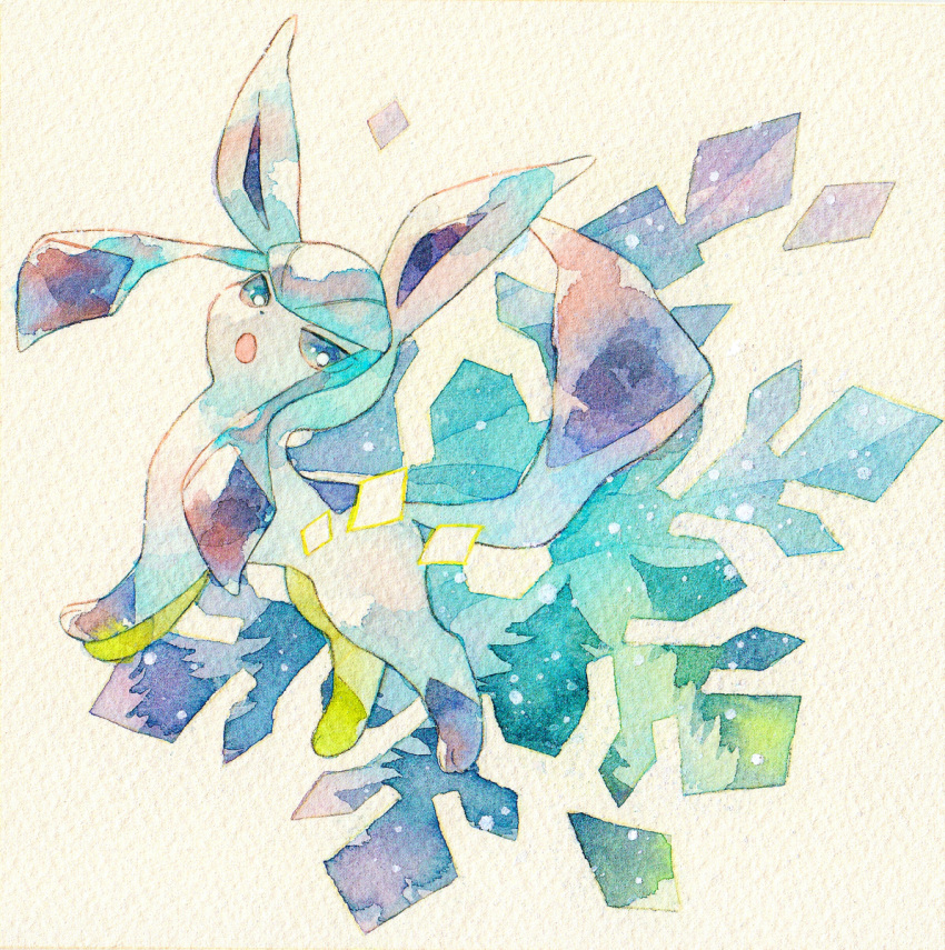 :o blue_eyes commentary_request creature full_body gen_4_pokemon glaceon highres looking_at_viewer looking_to_the_side no_humans open_mouth paws pokemon pokemon_(creature) rrrpct solo toes traditional_media watercolor_(medium)