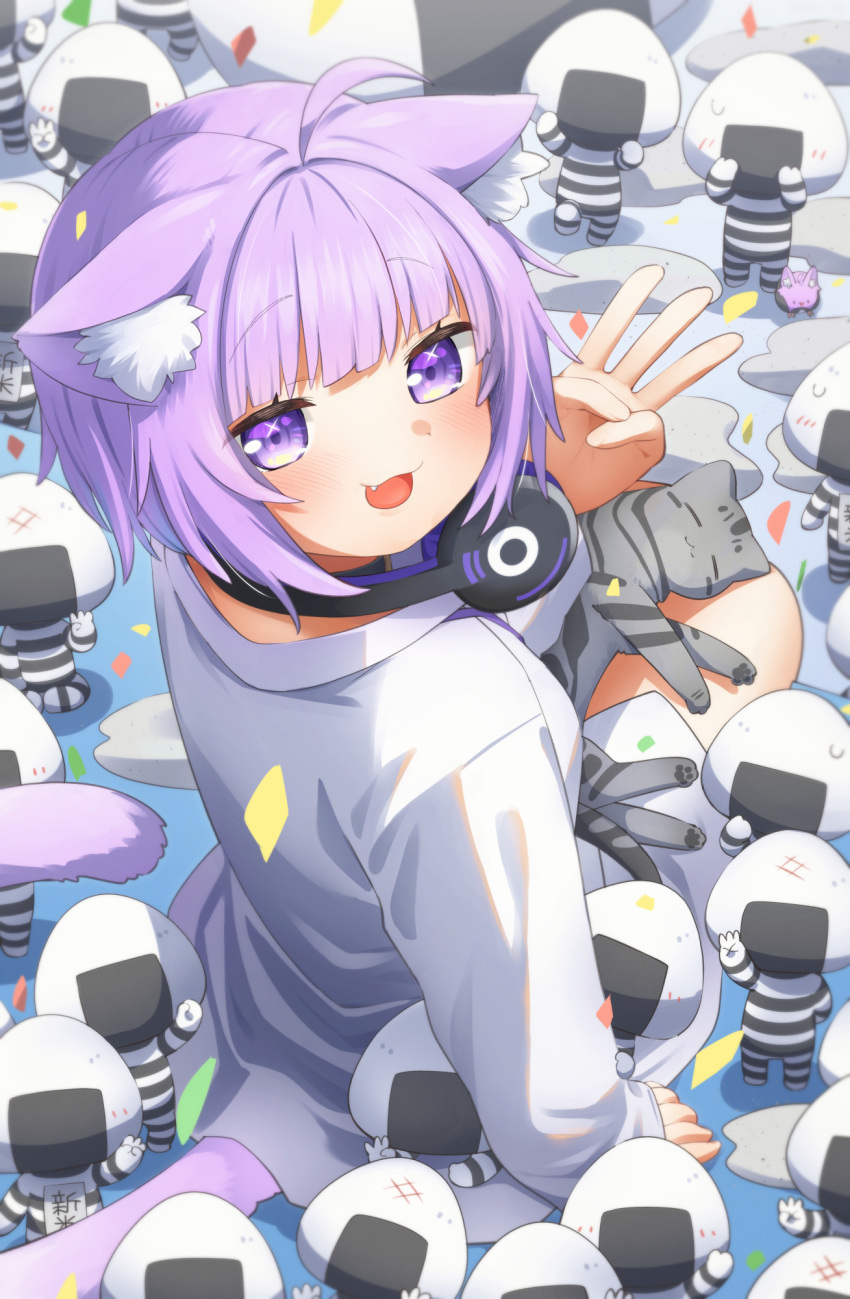 1girl :3 :d ahoge animal_ear_fluff animal_ears anniversary bangs bird bow breasts cat_ears cat_girl cat_tail celebration collar collared_shirt eyebrows_visible_through_hair fang feet_out_of_frame food from_above hand_on_own_chest headphones headphones_around_neck highres hololive large_breasts long_sleeves looking_at_viewer looking_back medium_hair milestone_celebration nekomata_okayu onigiri onigirya_(nekomata_okayu) open_mouth panties ponono purple_bow purple_collar purple_hair shirt sitting smile solo standing tail tail_raised temari_(nekomata_okayu) underwear violet_eyes virtual_youtuber white_background white_shirt