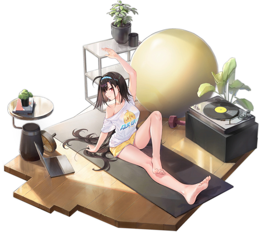 1girl ahoge arm_support arm_up atdan azur_lane bare_shoulders barefoot black_hair collarbone computer crossed_legs dumbbell feet hairband highres independence_(azur_lane) independence_(relaxation_i)_(azur_lane) laptop legs looking_at_viewer off_shoulder official_alternate_costume official_art phonograph red_eyes sitting transparent_background