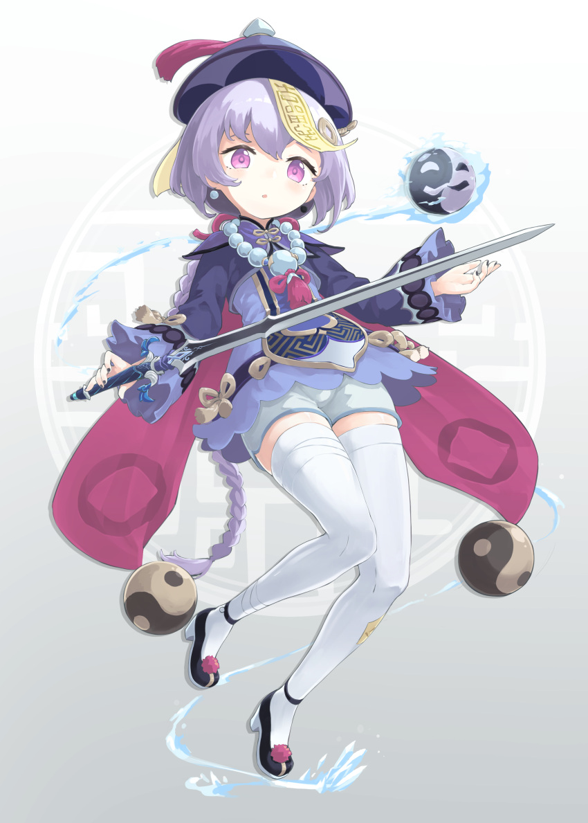 1girl absurdres bangs bead_necklace beads braid dress eyelashes full_body genshin_impact hair_ornament hat highres holding holding_sword holding_weapon jewelry jiangshi light_blush long_hair looking_at_viewer low_braid nano_(mianhua_maoqiu) necklace ofuda parted_lips purple_hair qing_guanmao qiqi_(genshin_impact) short_shorts shorts shrug_(clothing) silver_hair single_braid sleeveless sleeveless_dress solo surprised sword thigh-highs violet_eyes weapon white_legwear
