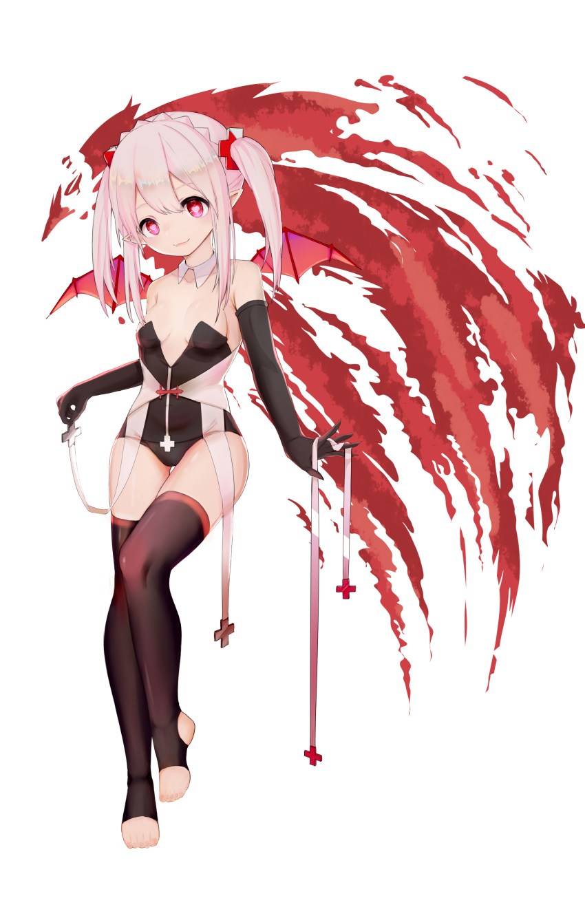 1girl absurdres arknights bare_shoulders black_gloves black_legwear black_leotard breasts demon_wings elbow_gloves fang full_body gloves highres kuroshiroemaki leotard long_hair pointy_ears red_eyes silver_hair small_breasts smile solo strapless strapless_leotard thigh-highs thighs toeless_legwear twintails warfarin_(arknights) wings