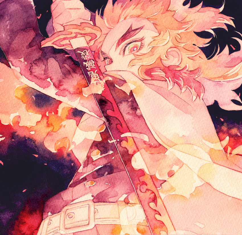 1boy belt cape commentary fire floating_hair from_below holding holding_sword holding_weapon kimetsu_no_yaiba long_hair long_sleeves looking_at_viewer male_focus multicolored_hair orange_hair red_eyes redhead rengoku_kyoujurou rrrpct solo sword traditional_media two-tone_hair watercolor_(medium) weapon
