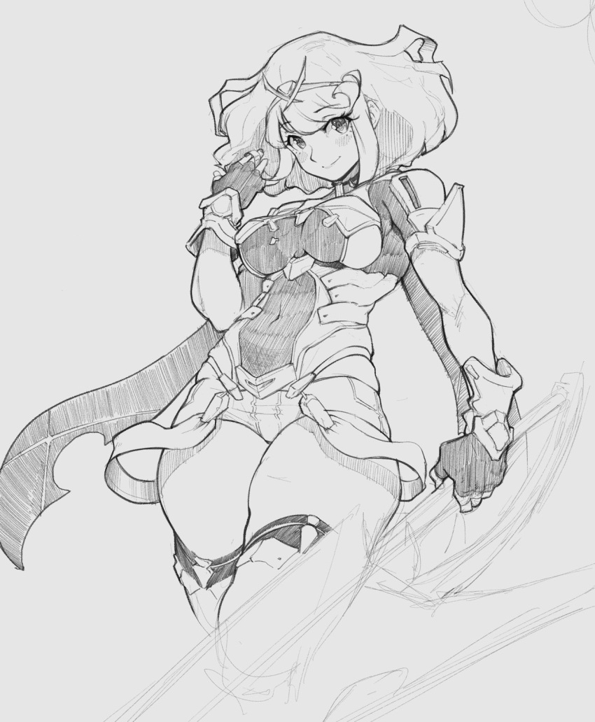 1girl aeyga bangs breasts covered_navel english_commentary eyebrows_visible_through_hair fingerless_gloves gloves graphite_(medium) greyscale hair_behind_ear hairband highres holding holding_sword holding_weapon leaning_back medium_breasts monochrome open_hand pyra_(xenoblade) short_hair sketch skindentation smile solo sword thick_thighs thigh-highs thighs traditional_media weapon xenoblade_chronicles_(series) xenoblade_chronicles_2