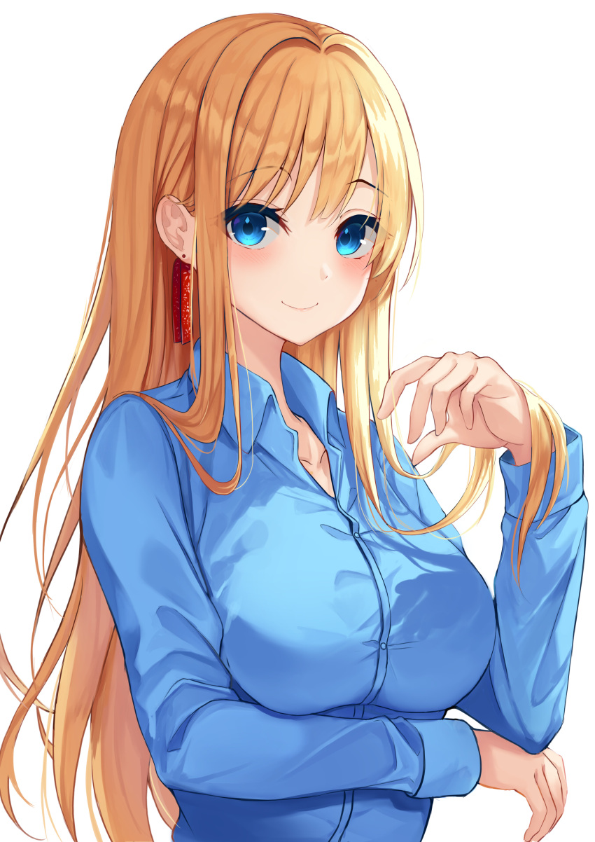 absurdres arm_under_breasts bangs blonde_hair blue_eyes blue_shirt blush breast_hold breasts closed_mouth collared_shirt commentary dress_shirt earrings eyebrows_visible_through_hair hand_up highres holding holding_hair jewelry large_breasts long_hair long_sleeves looking_at_viewer nao_(okt8538) original shirt simple_background smile solo upper_body very_long_hair white_background