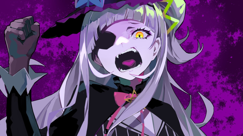 1girl bangs bow bowtie capelet clenched_hand commentary_request hat highres hololive long_hair looking_at_viewer murasaki_shion official_art open_clothes pink_bow pink_neckwear purple_background ram_(ramlabo) shouting side_bun solo teeth tilted_headwear tongue usseewa virtual_youtuber witch_hat yellow_eyes