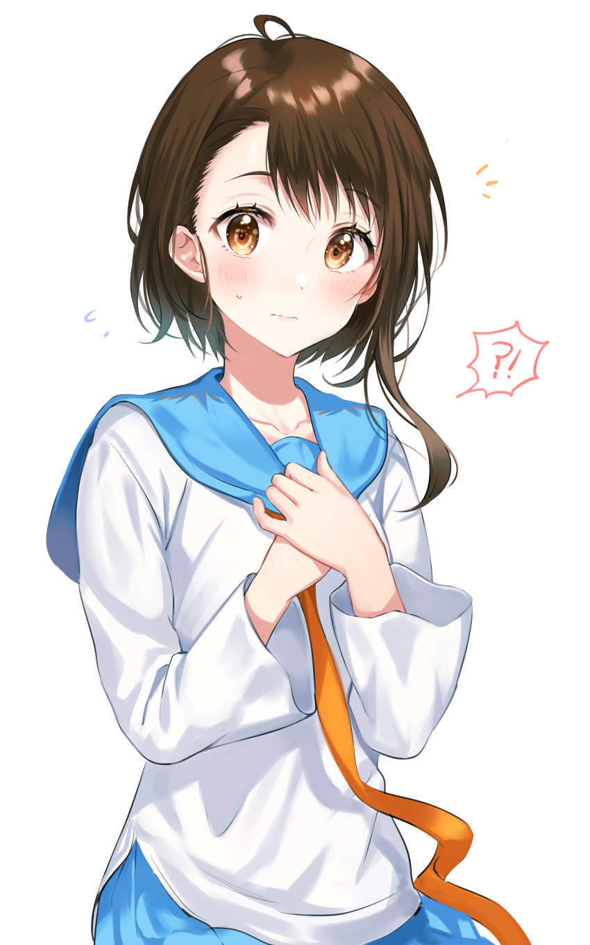 ! !? 1girl ? absurdres bangs blue_sailor_collar blue_skirt blush breasts brown_eyes brown_hair closed_mouth collarbone commentary_request cowboy_shot flying_sweatdrops hair_ornament hands_up highres long_sleeves looking_at_viewer nisekoi onodera_kosaki own_hands_together pleated_skirt sailor_collar school_uniform serafuku shiny shiny_hair shirt short_hair skirt solo spoken_exclamation_mark spoken_question_mark tokkyu wavy_mouth white_background white_shirt