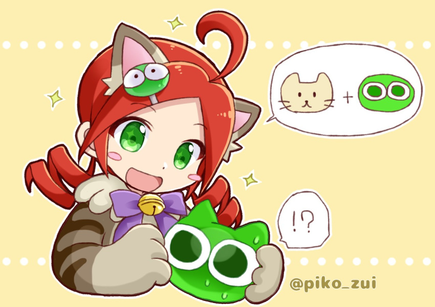 !? ahoge andou_ringo animal_costume animal_ears bangs bell blush_stickers bow bowtie cat cat_costume cat_ears drill_hair eyebrows_visible_through_hair fake_animal_ears green_eyes hair_ornament hairclip jingle_bell open_mouth parted_bangs purple_bow puyo_(puyopuyo) puyopuyo puyopuyo_quest redhead smile sparkle speech_bubble striped takazaki_piko twin_drills twitter_username yellow_background
