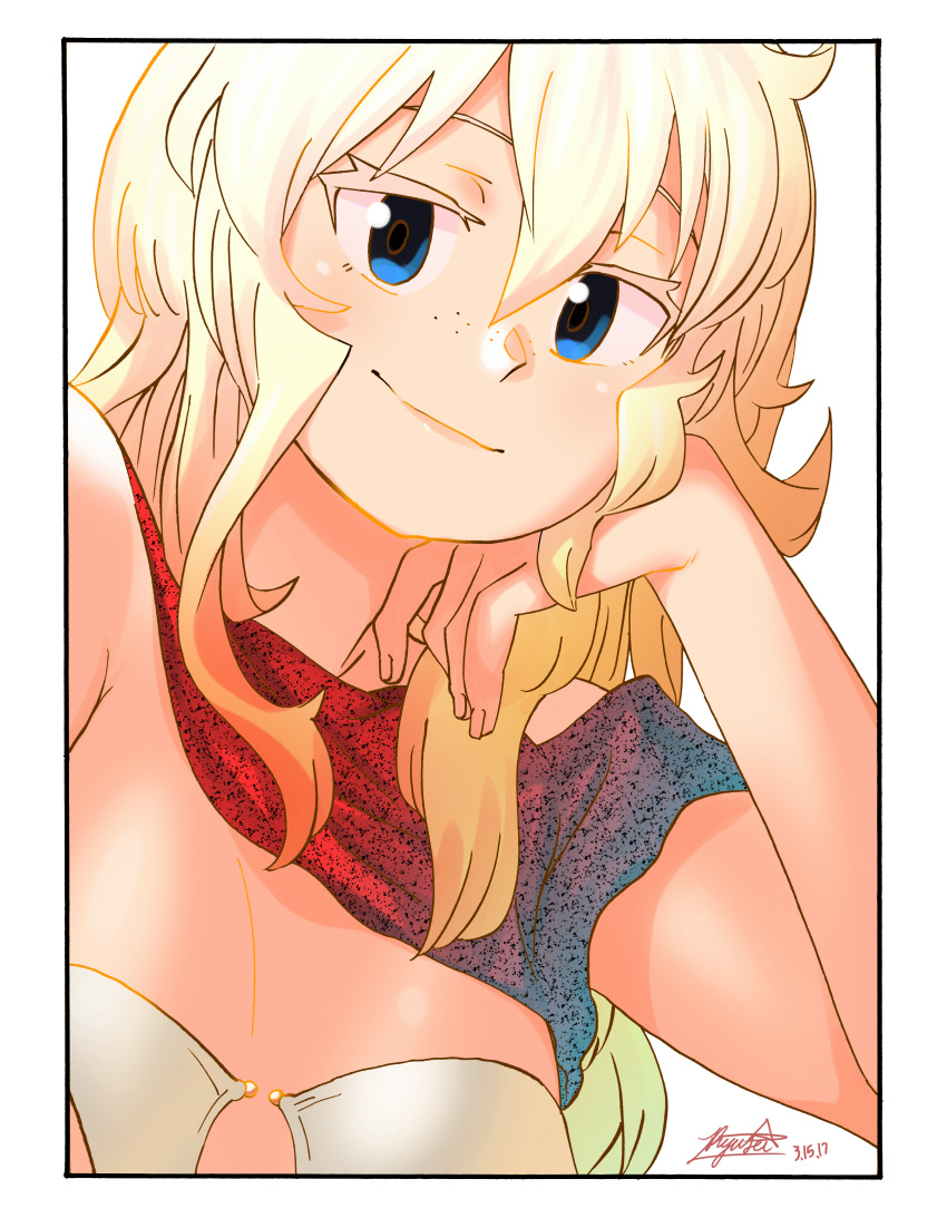 1girl absurdres bikini blonde_hair blue_eyes border breasts closed_mouth dated fingernails freckles hand_in_hair hand_up highres large_breasts looking_at_viewer original ryusei_hashida signature smile solo swimsuit upper_body white_bikini white_border