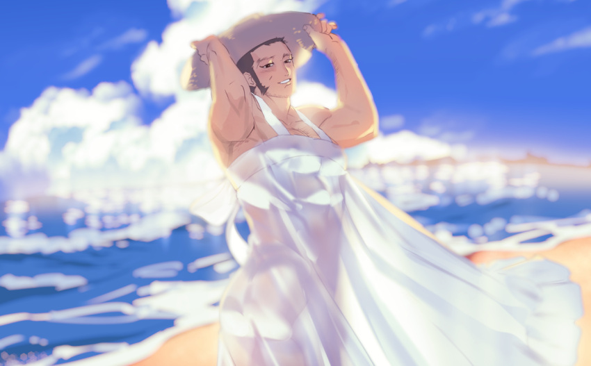 1boy alternate_costume ass bare_shoulders beach beard black_hair blurry blurry_background brown_eyes buzz_cut chest_hair covered_nipples crossdressinging day dress facial_hair feet_out_of_frame golden_kamuy hairy hat koooogasya long_sideburns looking_at_viewer male_cleavage male_focus muscular muscular_male outdoors pectorals see-through short_hair sideburns simple_background smile solo straw_hat stubble sunlight tanigaki_genjirou thick_eyebrows very_short_hair white_dress wind