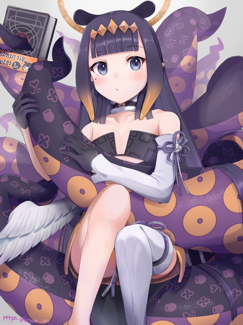 1girl bangs bare_shoulders black_dress black_gloves black_hair blue_eyes blunt_bangs book collarbone cutout_above_navel detached_sleeves dress flat_chest fur_collar gloves gradient_hair half_gloves headpiece highres hololive hololive_english ketyara long_hair looking_at_viewer low_wings mole mole_under_eye multicolored_hair ninomae_ina'nis orange_hair patchouli_knowledge pointy_ears purple_hair short_dress sidelocks signature single_detached_sleeve single_thighhigh sitting solo strapless strapless_dress surprised tentacle_hair tentacles thigh-highs virtual_youtuber wings