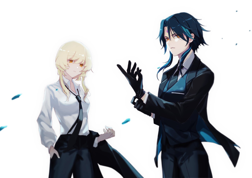 1boy 1girl bangs black_gloves black_hair blonde_hair closed_mouth collared_shirt diamond_(shape) eyebrows_visible_through_hair eyeshadow facial_mark forehead_mark formal genshin_impact glove_pull gloves green_hair hand_on_own_thigh highres jacket jacket_removed long_sleeves looking_at_viewer lumine_(genshin_impact) makeup multicolored_hair n_s_egg necktie open_mouth parted_bangs red_eyeshadow shirt short_hair_with_long_locks simple_background suit two-tone_hair white_background xiao_(genshin_impact) yellow_eyes