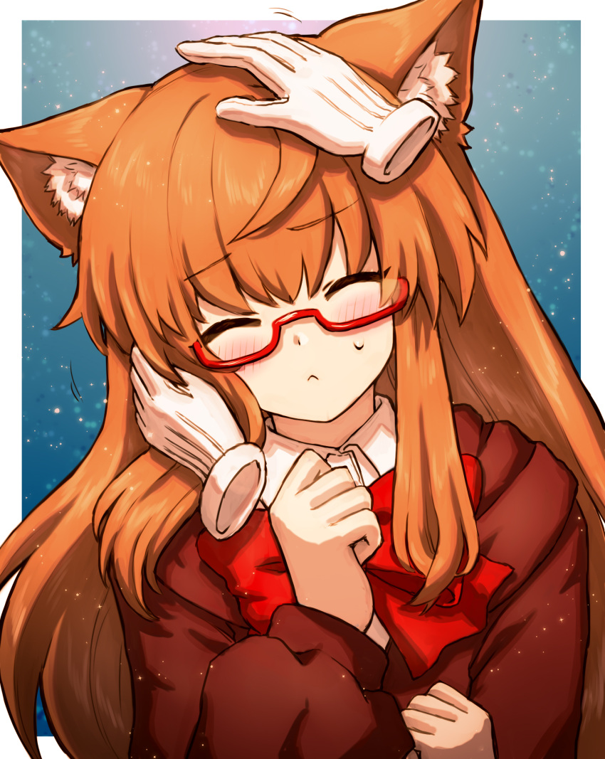 1girl :&lt; animal_ear_fluff animal_ears bangs blue_background blush border bow bowtie closed_eyes closed_mouth commentary_request disembodied_limb eyebrows_visible_through_hair facing_viewer glasses gloves gradient gradient_background head_tilt highres long_sleeves motion_lines onimaru_gonpei original outside_border petting red-framed_eyewear red_bow red_neckwear semi-rimless_eyewear sidelocks solo_focus under-rim_eyewear upper_body white_border white_gloves