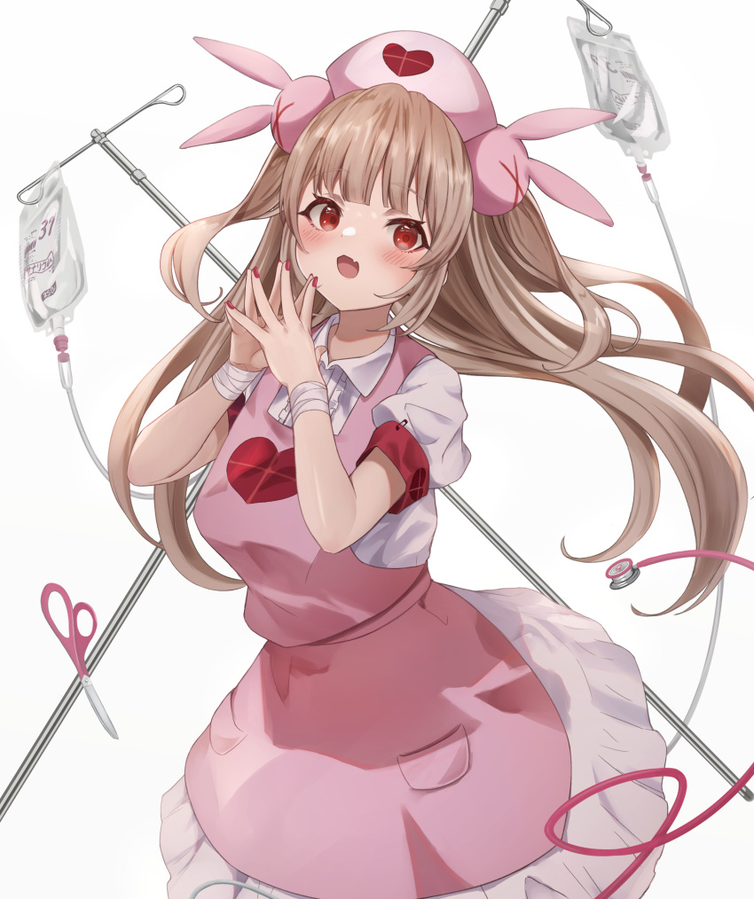 1girl :d absurdres apron bandaged_wrist bandages bangs blush butterfly_hair_ornament fang hair_ornament hat heart heart_print higashigure highres intravenous_drip iv_stand light_brown_hair long_hair long_skirt nail_polish natori_sana nurse nurse_cap open_mouth pink_apron pink_headwear puffy_short_sleeves puffy_sleeves red_eyes red_nails sana_channel shirt short_sleeves sidelocks simple_background skirt smile solo steepled_fingers stethoscope two_side_up virtual_youtuber white_background white_shirt