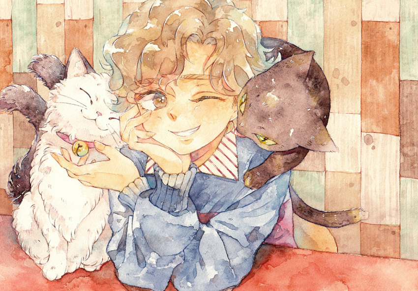 1boy bangs blue_sweater brown_eyes brown_hair cat clenched_teeth collared_shirt eyebrows_visible_through_hair jinrou_judgment leaning_forward long_sleeves male_focus one_eye_closed parted_lips roddy_(jinrou_judgment) rrrpct shirt short_hair smile sweater symbol_commentary teeth traditional_media watercolor_(medium)