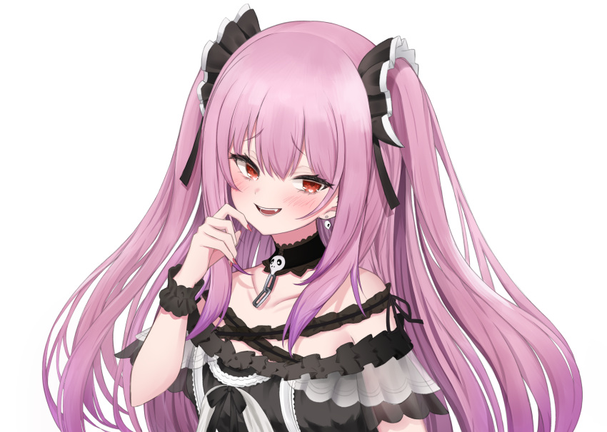 1girl :d absurdres bangs bare_shoulders black_choker black_dress blush choker collarbone dress earrings eyebrows_visible_through_hair eyelashes fang fingernails frilled_dress frilled_straps frills furrowed_eyebrows gesugao gothic_lolita hand_to_own_mouth higashigure highres hololive jewelry lace lace_choker lolita_fashion long_fingernails long_hair looking_at_viewer nail_polish off-shoulder_dress off_shoulder open_mouth pink_hair red_eyes red_nails see-through_sleeves sharp_fingernails short_sleeves simple_background skull_earrings smile smug solo two_side_up upper_body uruha_rushia virtual_youtuber white_background wristband